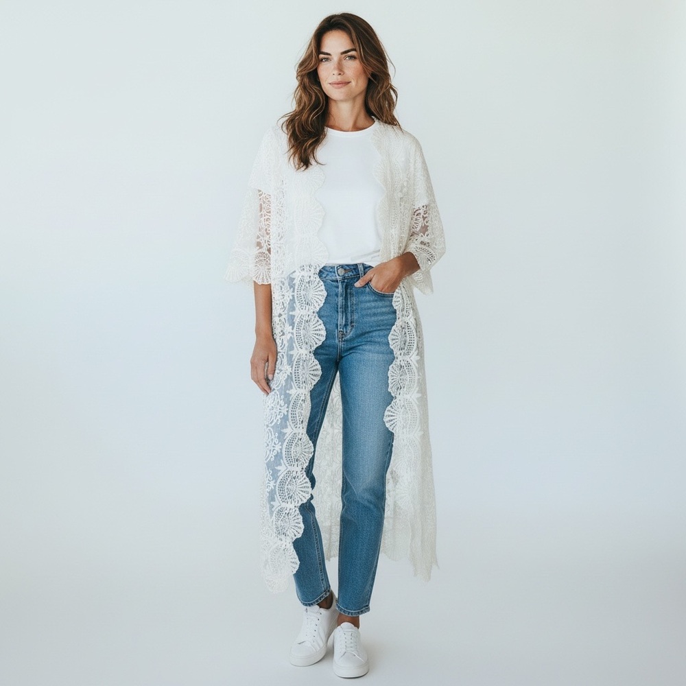 Nightcap by Carisa Rene sheer white/cream lace kimono-style cardigan Duster 2/S